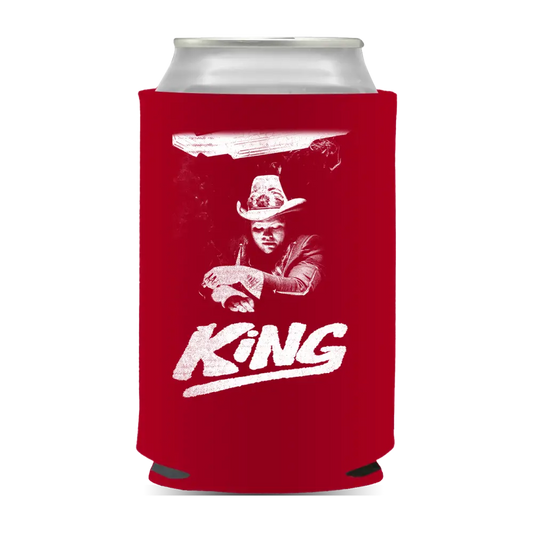 Red can cooler with a cowboy image.