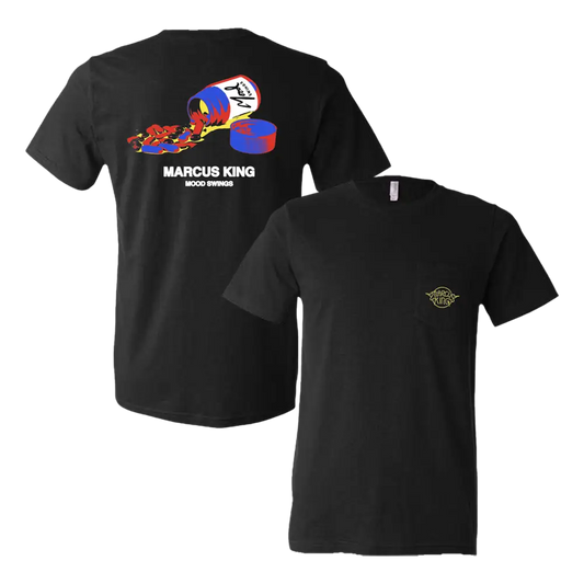 Black t-shirt with colorful graphic design on the back and small logo on the front.