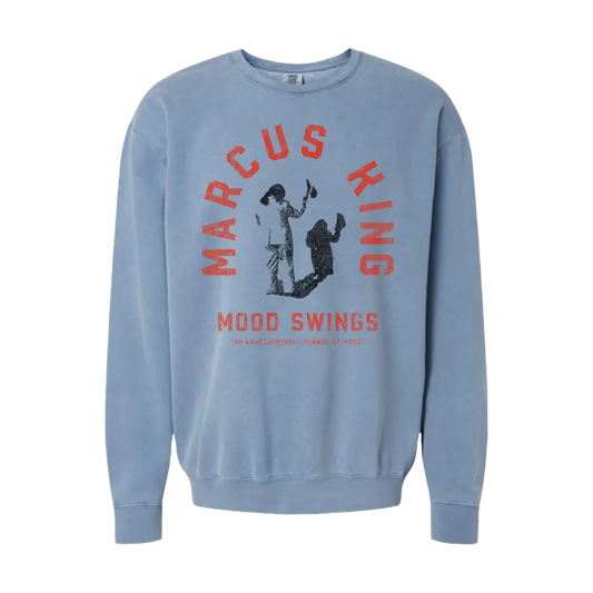 Light blue sweatshirt with ’Marcus King Mood Swings’ text and a silhouette graphic design on the front.