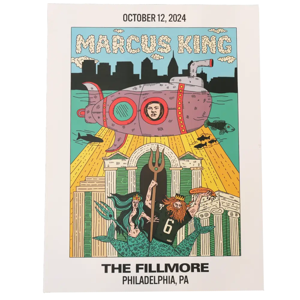 A vibrant, illustrated concert poster for marcus king’s october 12, 2024 show at the fillmore in philadelphia, pa.