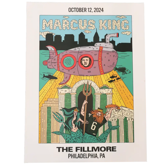 A vibrant, illustrated concert poster for marcus king’s october 12, 2024 show at the fillmore in philadelphia, pa.