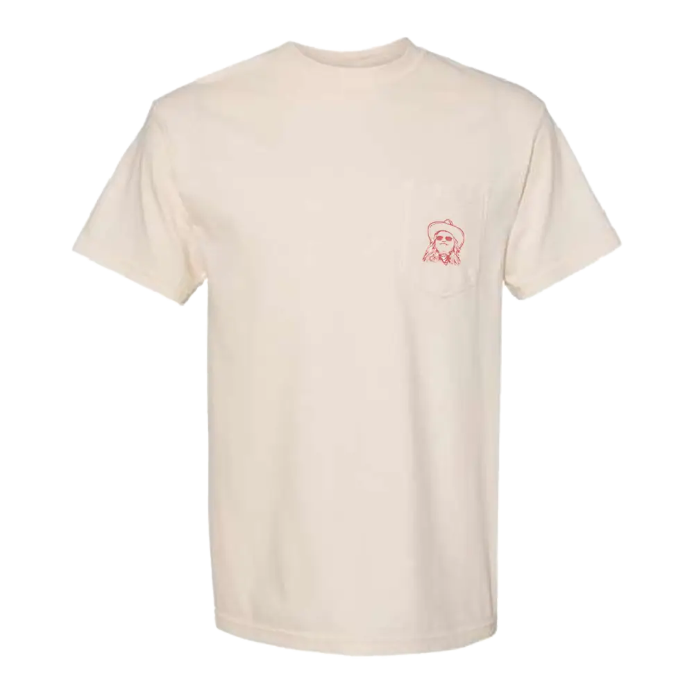 Cream-colored t-shirt with a small red graphic on the chest.