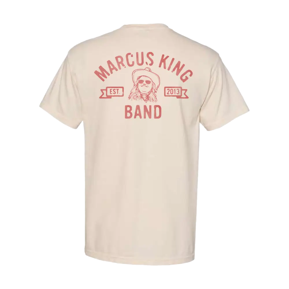 Beige t-shirt with ’Marcus King Band’ printed on the back in red lettering.