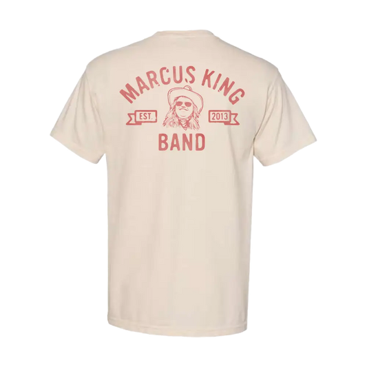 Beige t-shirt with ’Marcus King Band’ printed on the back in red lettering.