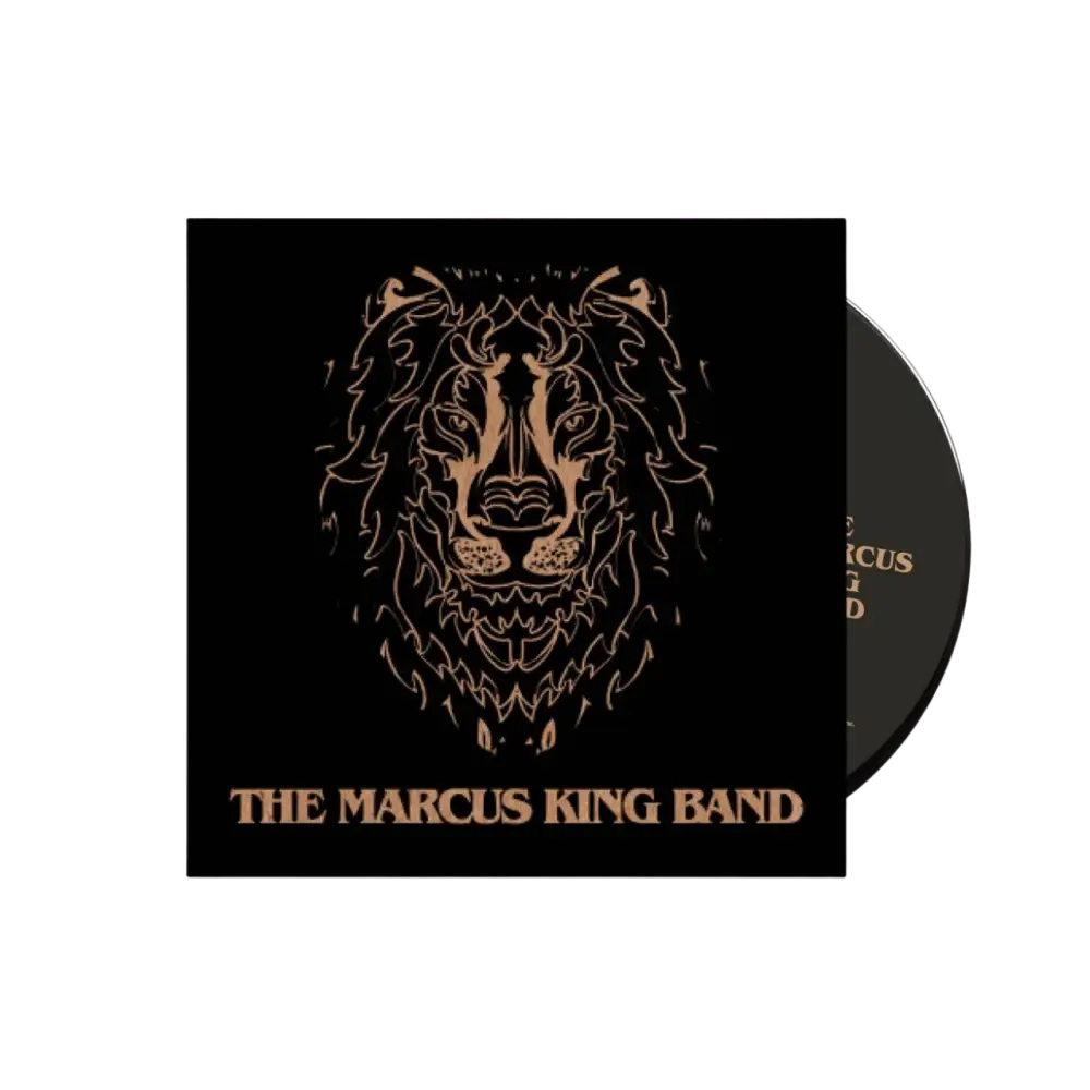 Black vinyl record with a gold foil lion head design on its sleeve, featuring the text ’the marcus king band’ in matching gold lettering.