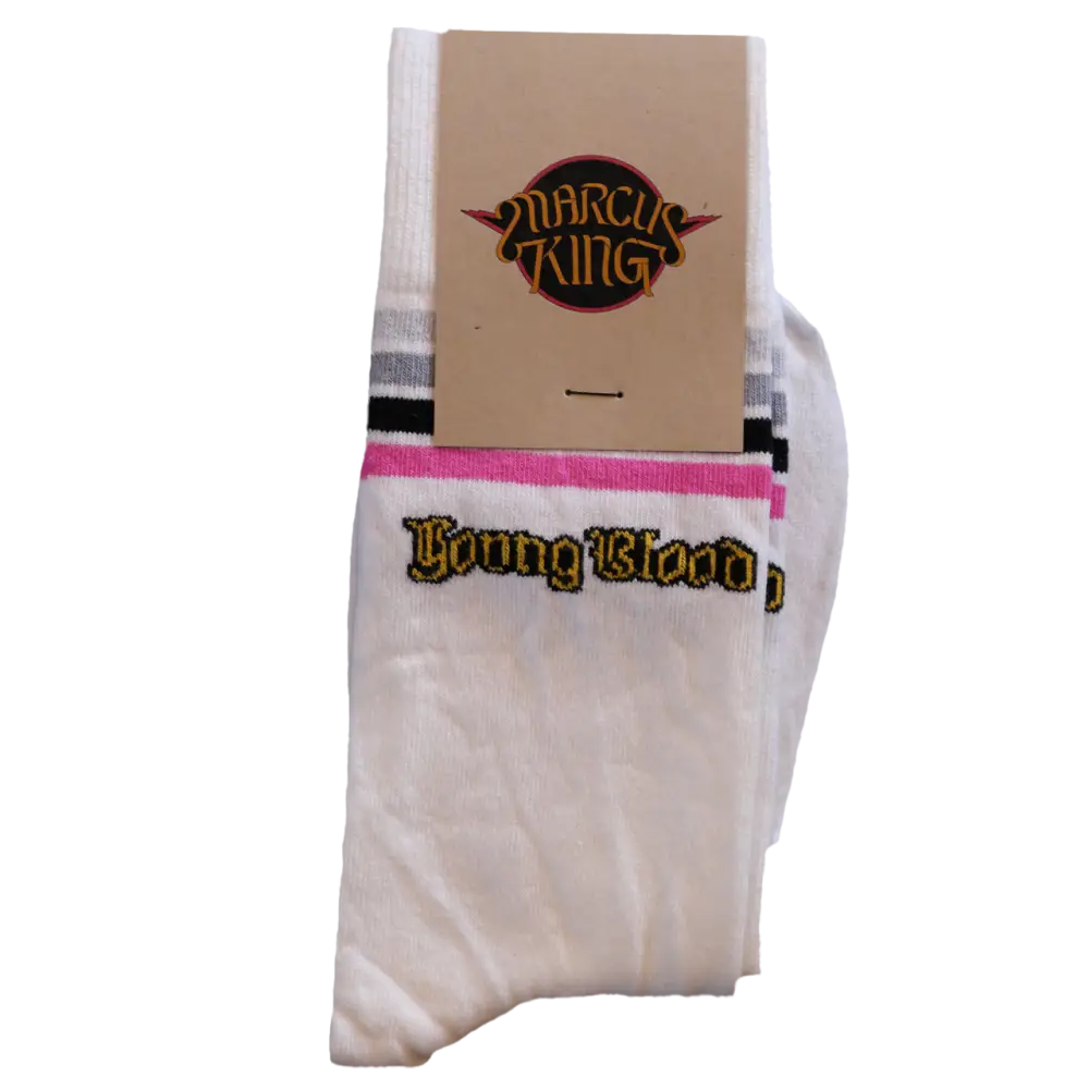White socks with pink and black stripes, featuring ’young blood’ embroidered in gold lettering.