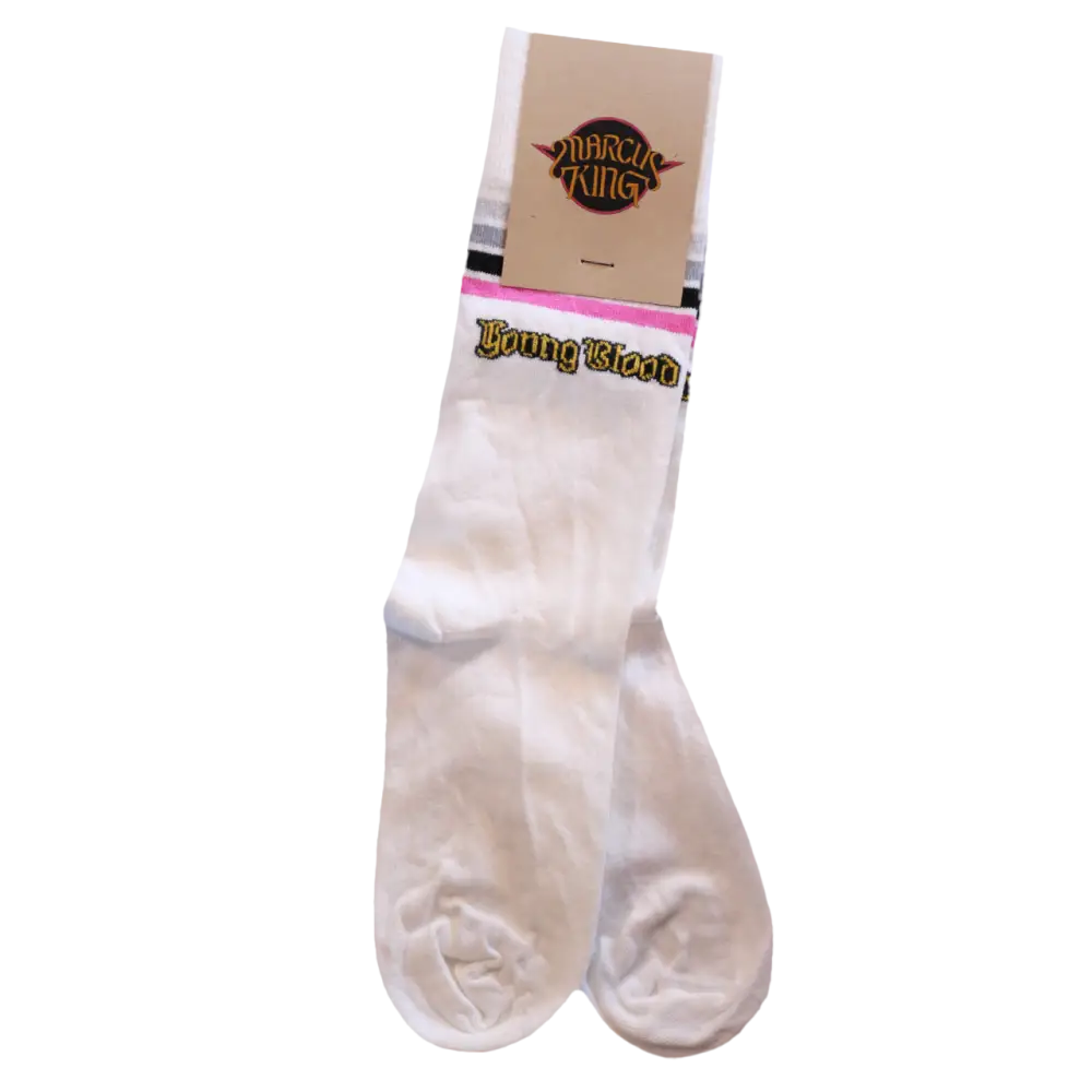 White ’young blood’ socks with pink trim and gold lettering, branded by marcus king.